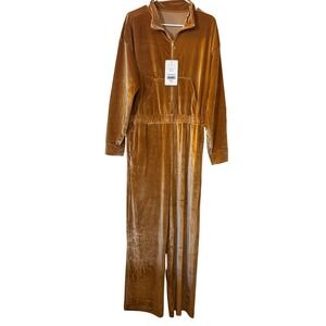 Fabletics Women's Velour Zip-Up Wide Leg Onesie XXL NWT Gold Brown Pocket